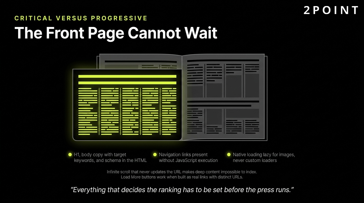 Critical versus progressive content loading: the front page cannot wait for JavaScript to run.