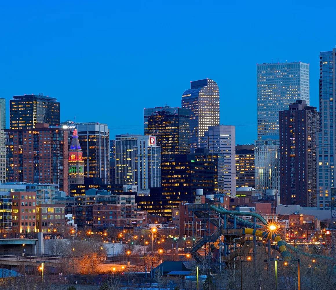 Downtown Denver skyline at sunset, looking east