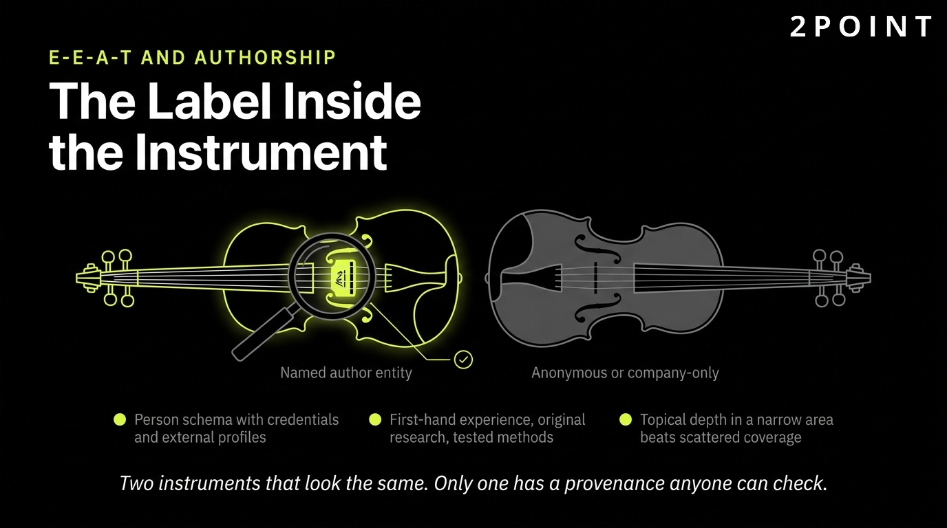 E-E-A-T and authorship signals: the maker's label set inside the instrument, verifiable on inspection.