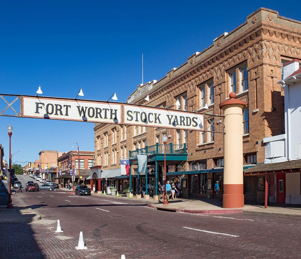 Entrance to the historic Fort Worth Stockyards under a bright sky