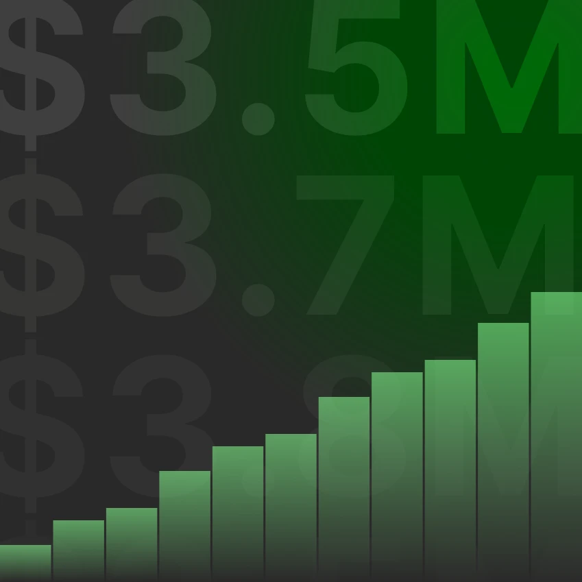 Illustration of a rising revenue bar chart with figures growing toward $3.7M