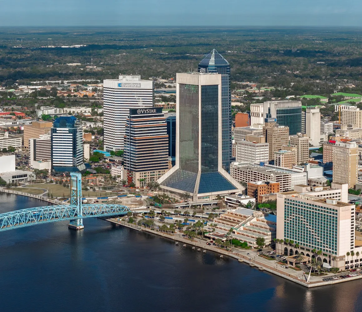 Downtown Jacksonville skyline and the Main Street Bridge from above the St. Johns River