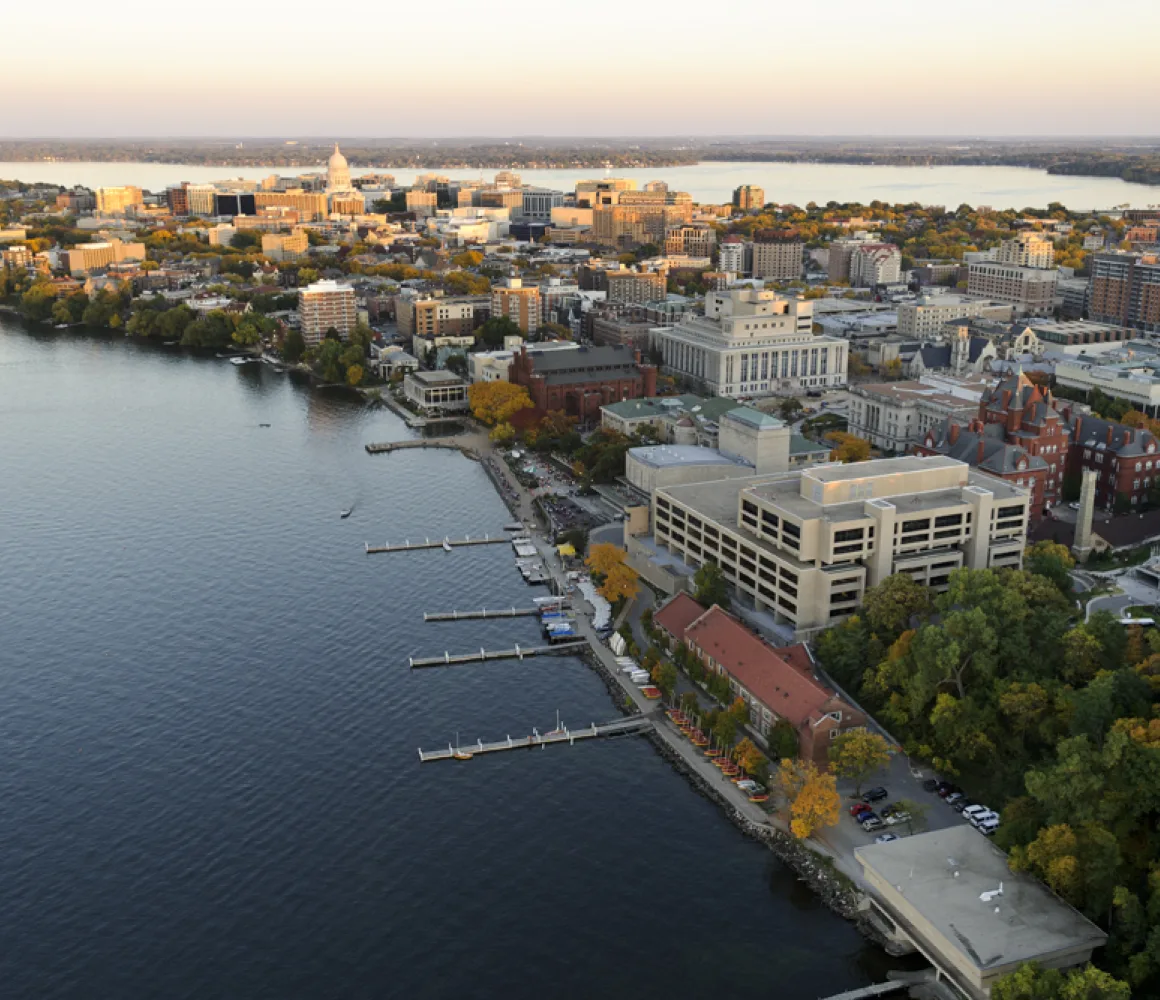 Aerial view of the UW-Madison campus and the isthmus