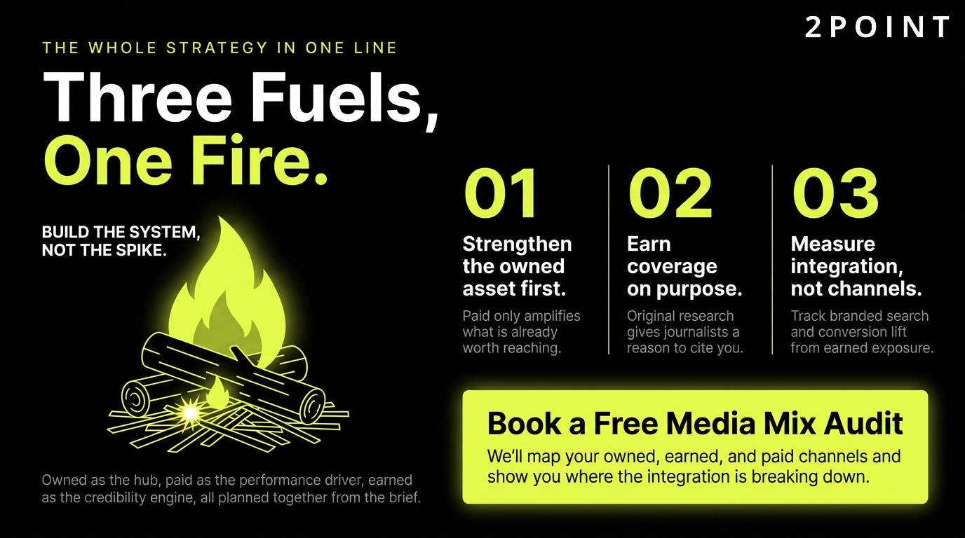 Media mix strategy CTA: three fuels feeding one fire, built into one system by 2POINT.