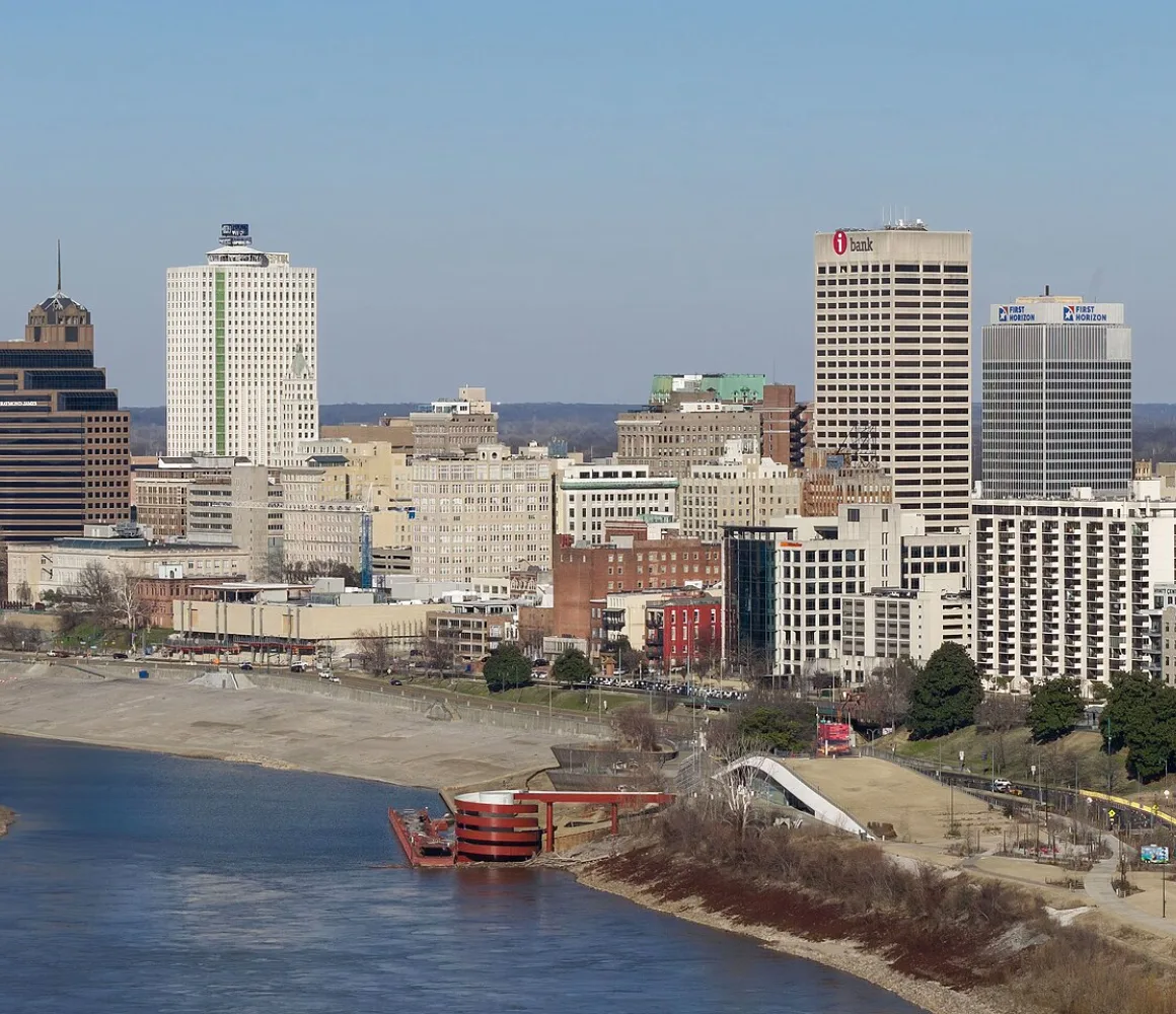 Memphis skyline above the Mississippi River with paddle steamers moored on a winter afternoon