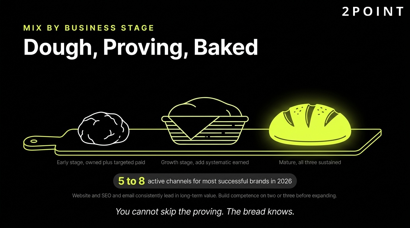 Media mix by business stage: dough, proving, baked, the balance changes as the company matures.