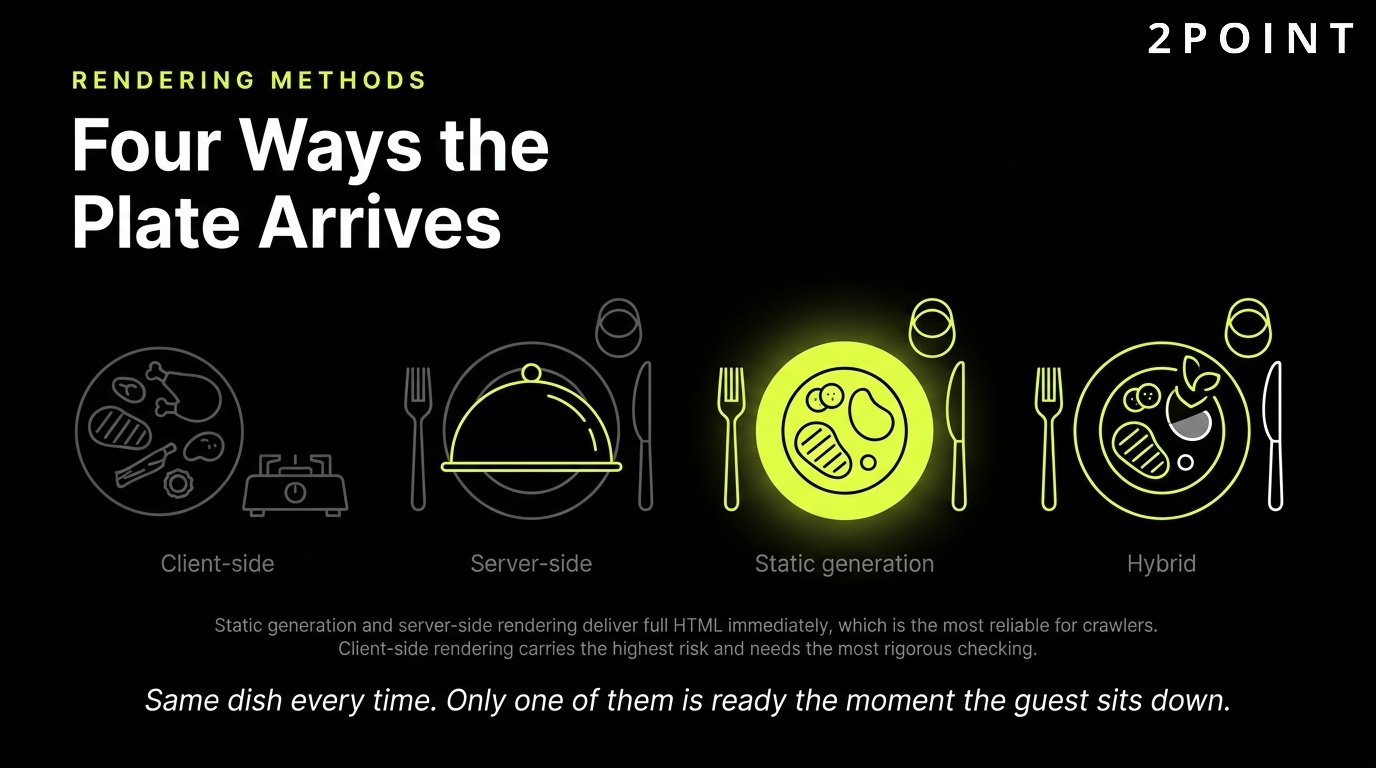 Four JavaScript rendering methods compared: four different ways the plate arrives at the table.