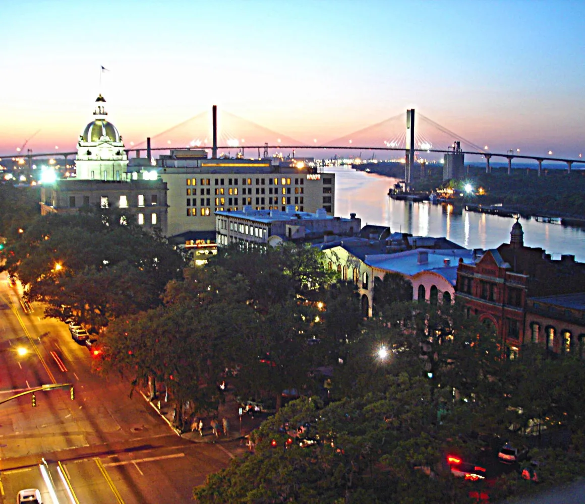 Rooftop view northwest over the Savannah historic district