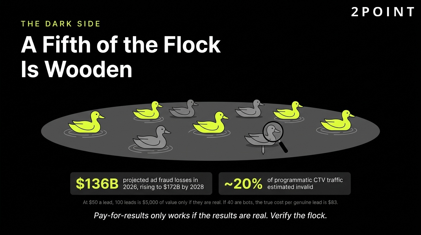 The ad fraud problem: roughly a fifth of the flock turns out to be wooden decoys, not real traffic.