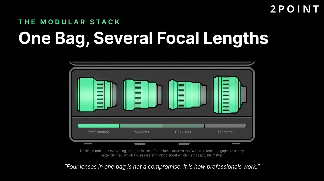 The modular free SEO stack: one bag carrying several focal lengths rather than a single all-in-one lens.