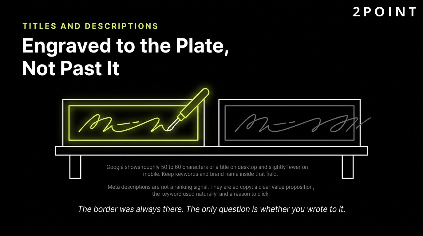 Titles and meta descriptions: engraved to fit the plate, not running past its edge.