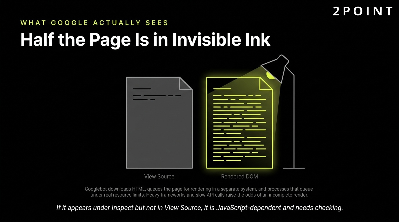 What Google actually sees on a JavaScript site: half the page is written in invisible ink.