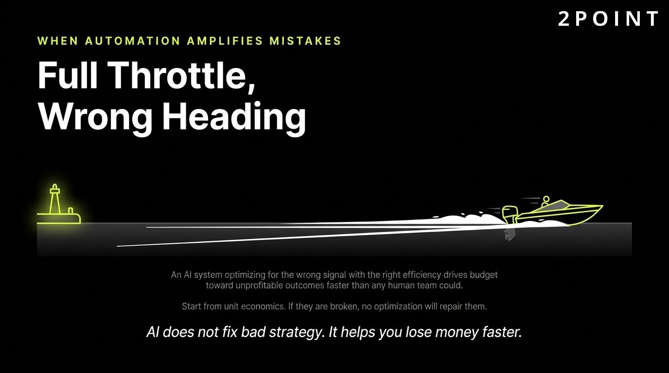 When automation amplifies mistakes: full throttle on the wrong heading gets you lost faster.
