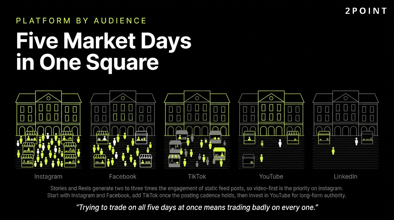 Social platforms for med spas mapped by audience, from Instagram and TikTok through to LinkedIn.