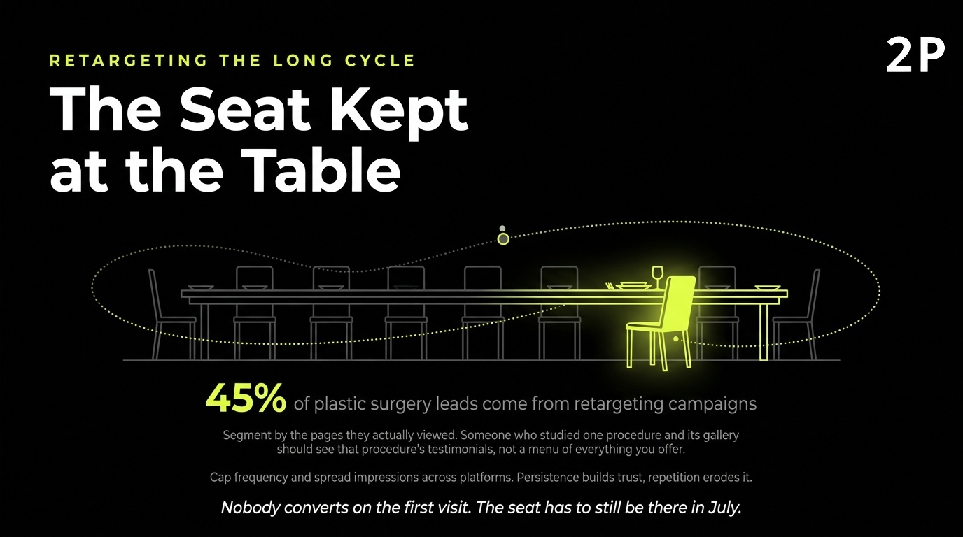 Retargeting across the long plastic surgery decision cycle, staying visible through months of patient research.