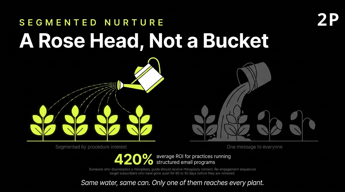Segmented email nurture for aesthetic practices returns roughly 420 percent compared with unsegmented sends