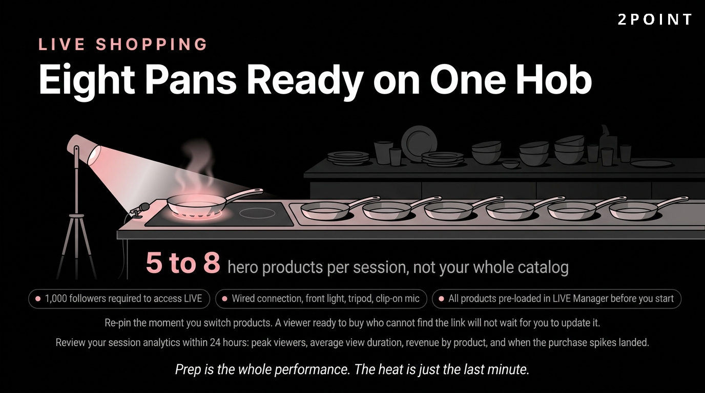 TikTok Shop LIVE shopping session setup covering lighting, camera framing, and product staging.
