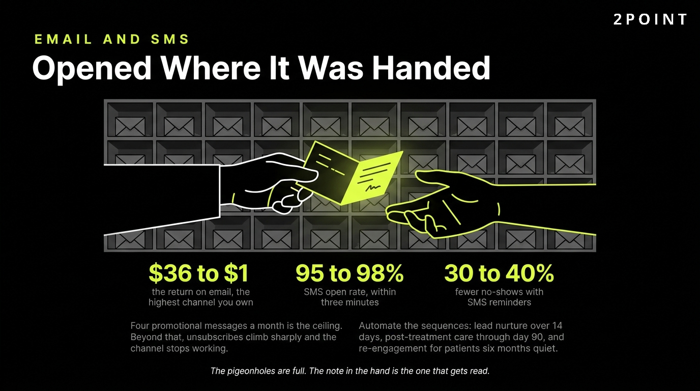 Med spa email and SMS compared on return and open rates, with SMS leading on opens.